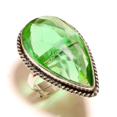 Diamond Cut Green Quartz Pear Gemstone Handmade Rope Bezel Ring US-6 Adjustable - Image 1 of 2