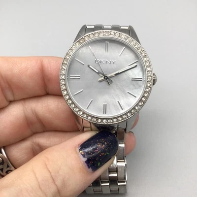 DKNY Watch Womens 38mm Silver Tone Crystal MOP Dial New Battery 6.5" - Image 1 of 4