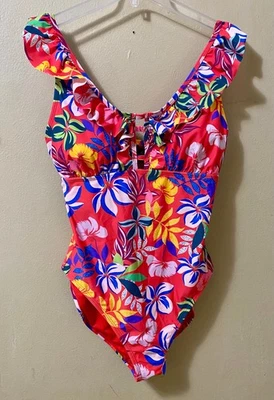 Traje de baño Caribbean Joe de una pieza tropical floral multicolor con volantes para mujer 12 Foto 1 de 4
