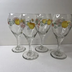 4 Pfaltzgraff Grandmas Kitchen Glass Goblet Flowers Fruit Small Bee 12oz - Picture 1 of 6