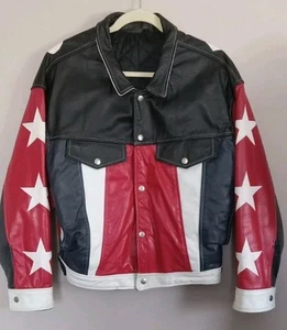 Vintage America Red White Blue Black Star USA Patriotic Leather Jacket Size M - Picture 1 of 15