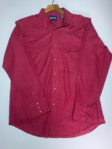 Wrangler Western Mens Size L Shirt Red Striped Long Sleeved Pearl Snap Vintage - Picture 1 of 10