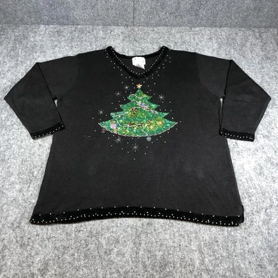 Quacker Factory Sweater Womens 1X Black Sequin Beaded Christmas Tree Holiday - Image 1 of 4