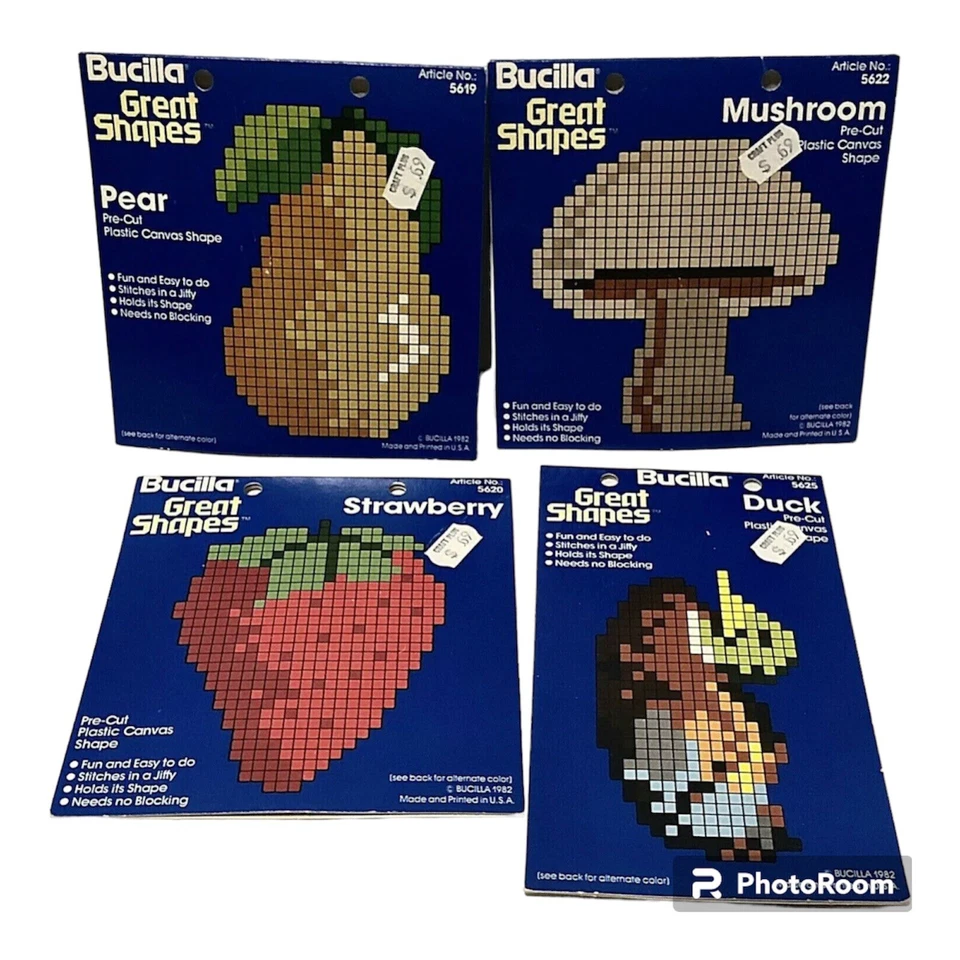 Bucilla Pre-cut Plastic Canvas Cut Outs Mushroom Strawberry Pear Duck Lot of 4  - Image 1 of 3