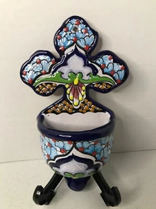 Mexican Pottery Cross Holy Water Wall Pocket Floral Folk Art  7-1/2" Blue - Picture 1 of 10