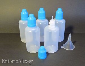 flaconi bottiglie 50ml x5 PE vuoti contagocce + IMBUTO liquidi laboratorio