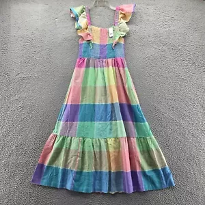 NWT Gap Womens Linen Flutter Sleeve Dress Medium Pink Blue Pastel Plaid Smocked - Picture 1 of 12