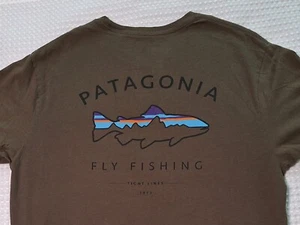Patagonia Fly Fishing Fish Logo Dark Green Cotton T-shirt Size M Regular Fit - Picture 1 of 9