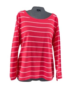 LL Bean Womens Size 1X REG Dark Pink Striped Long Sleeve Top 100% Cotton T Shirt - Bild 1 von 4