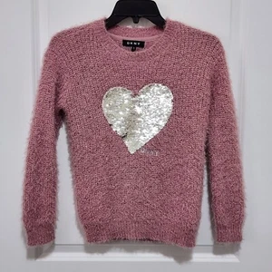 DKNY Girls 7 Pink Fuzzy Soft Sweater Flip Sequin Heart Long Sleeve Pullover Glam - Picture 1 of 6