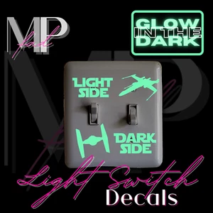 Star Wars LIGHT Switch Decal DARK SIDE Vinyl X-WING TIE FIGHTER GLOW-IN-THE-DARK - Picture 1 of 8