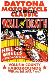 1930s DAYTONA FL MOTORCYCLE WALL OF DEATH 12X18 POSTER DAREDEVIL RACING THRILLS - Picture 1 of 1