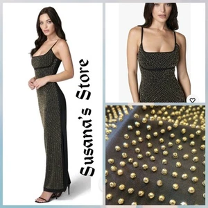 NWT BEBE SIZE S 3D SQUARE NECK GOLD STUDDED SIDE SLIT GOWN MAXI DRSS LUXE!! - Picture 1 of 6