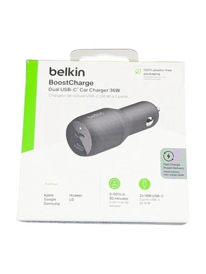 Cargador de Coche Aa3U Belkin USB-C PD 36W Doble 18W USB-C Entrega de Alimentación Cargador de Coche Foto 1 de 2
