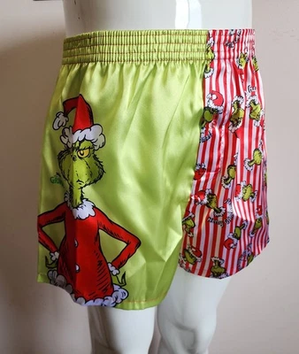 Dr Seuss The Grinch Mens Merry Grinchmas Printed Satin Boxer Shorts Size S New - Image 1 of 4
