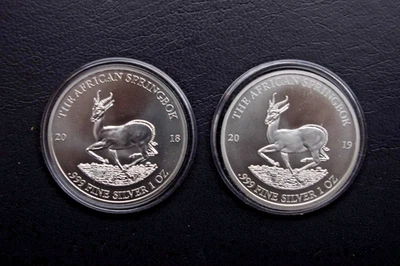 2 x 1 OZ / UNZE - SPRINGBOCK - GABUN 2018 u. 2019 - Silbermünzen in Kapsel - Bild 1 von 2