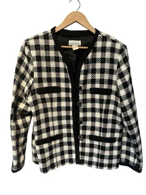 Vintage Kenneth Mitchell Black White Plaid Wool Tweed Jacket Size 14 Made In USA - Image 1 of 4