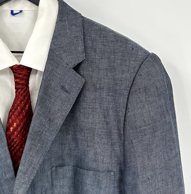 IBIZA jacket blazer sport coat linen silk blue chambray two button business 48R - Image 1 of 4