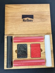 Marlboro Poker Set 2 Card Decks & Black Red Chips Wooden Oak Box Vintage Unused - Picture 1 of 16