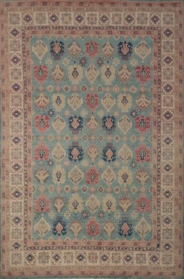 Alfombra de lana tradicional hecha a mano de 9x12 pies tinte vegetal azul kazajo Foto 1 de 4