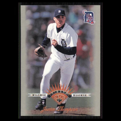 Tarjeta de béisbol Justin Thompson novato #177 1997 Leaf Detroit Tigers MLB casi nueva Foto 1 de 3