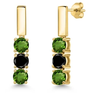 1.55 Ct Green Chrome Diopside Black Diamond 18K Yellow Gold Plated Silver - Picture 1 of 6