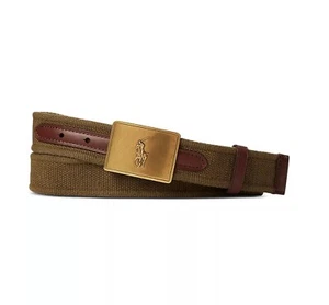 Polo Ralph Lauren Men's Pony Plaque Canvas & Leather Belt Canopy Olive/Brown 32 - Picture 1 of 2