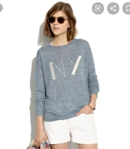 Madewell Women's NY Infield Tee Knit Top Sz XS 100% Linen Blue Cream Crew Neck - Picture 1 of 7