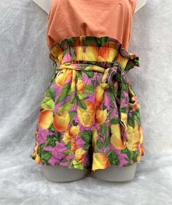 Pantalones Cortos Boho Para Mujer Farm Rio Naranja Rosa Floral Mezcla de Lino Corbata Cintura Talla XS Foto 1 de 4