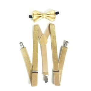 New Metallic Gold Bow Tie & Matching Suspender Set Tuxedo Wedding Accessories - Picture 1 of 4