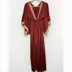 Vtg Montgomery Ward Peignoir Robe Burgundy Nylon Lace Size Small Kimono Sleeves - Picture 1 of 6