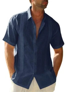Mens Guayabera Shirts Linen Short Sleeve Button Down Casual Beach Cuban Camp ... - Picture 1 of 6