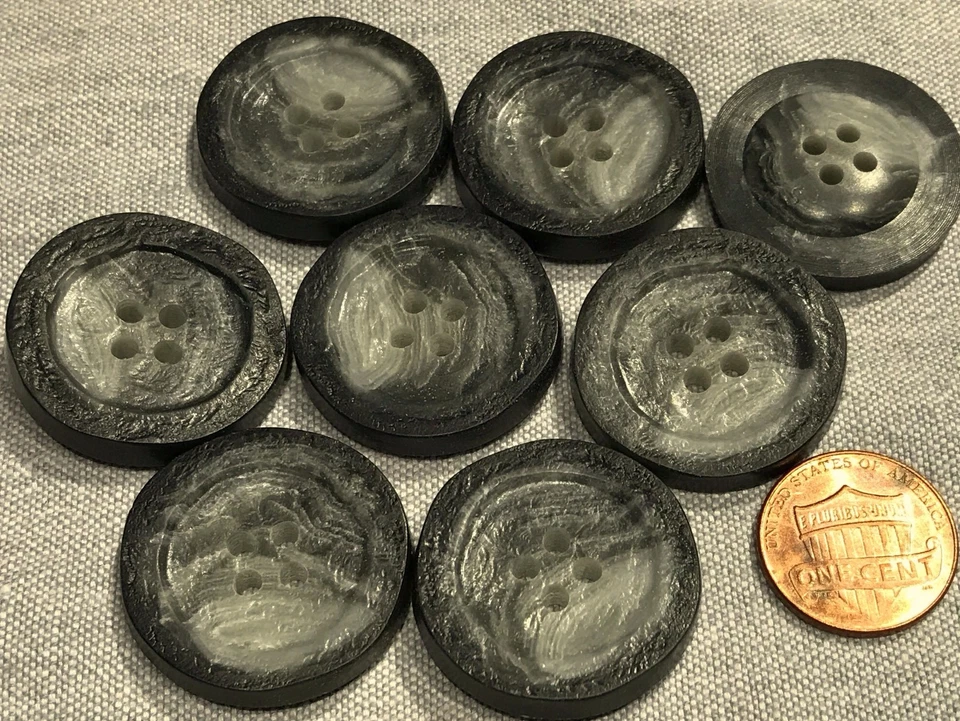 8 Large Charcoal & Gray Plastic Sewthrough Coat Buttons Almost 1 1/16" 27mm 8138 - Image 1 of 1