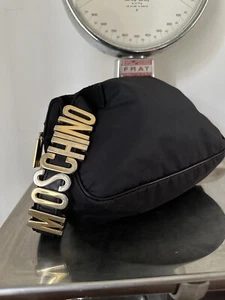 Moschino Wrist Strap Bag Vintage Black Nylon Purse Sliding Gold Letters RAREš„ - Picture 1 of 22