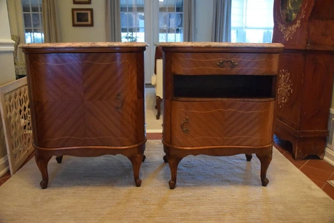Pair of Antique French Nightstands with Inlay Wood and Marble Tops Cover