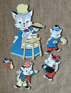 Vintage Dolly Spielzeug drei kleine Kätzchen Holz Wandbehang Mama Katze Vogel 50er Jahre - Bild 1 von 11