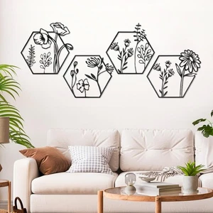 4 Pieces Black Metal Flowers Wall Art Decor Minimalist Floral Wall Hanging De... - Picture 1 of 7