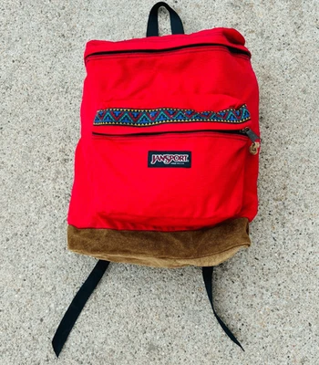 Jansport 麂皮绒皮革底部背包日装阿兹特克西南图案复古 — 第 1/4 张图片