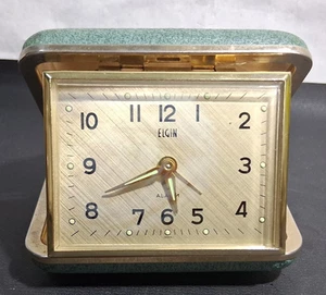 Vintage Elgin Travel Alarm Mechanical Clock Glows Teal Turquoise Green Gold - Picture 1 of 5