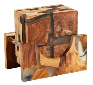 New-Wooden Coasters Set, Epoxy Coasters, Modern Coasters with Holder, Cedar Wood - Picture 1 of 5