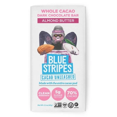 Barra de chocolate negro con mantequilla de almendras de cacao entero rayas azules, PACK DE 12 de 2,1 OZ Foto 1 de 4