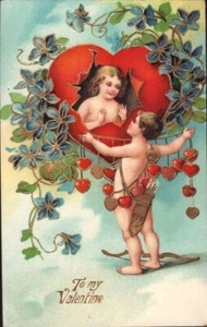 antique Germany high gloss CUPID string of hearts VALENTINE gilded postcard - Picture 1 of 2
