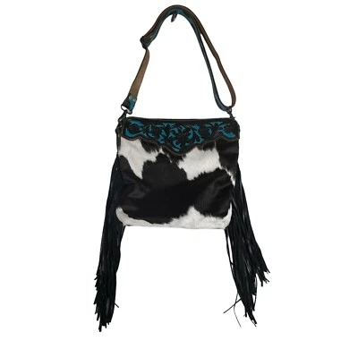 Myra Womens Western Cowhide Purse Fringe Large Black T Handtooled 14 x 14 x 4 in - Image 1 of 4