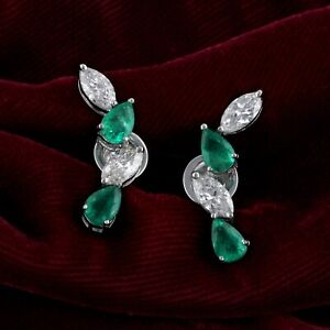 3.06 Tcw Natural Zambian Emerald Ear Stud 10K White Gold Hi/Si Diamond Earrings 