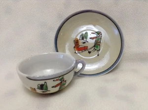 VINTAGE LUSTERWARE GIRL DOG SLEDDING TEACUP SAUCER Orphan Annie - Picture 1 of 11