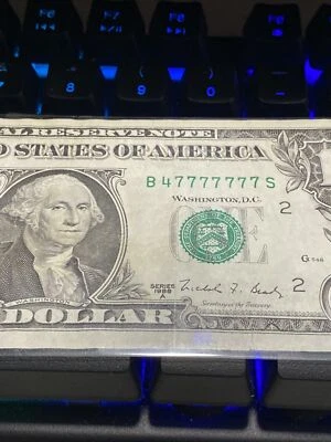 $1 1988 "A" Dollar Bill  **Very Rare** Seven 7's-in-a-row "B 47777777 S"  Binary - Image 1 of 3
