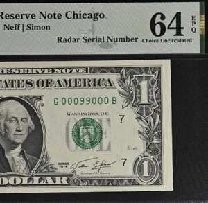 1974 $1 Federal Reserve Note PMG 64EPQ Fancy Super Radar Serial Number 00099000 - Picture 1 of 3