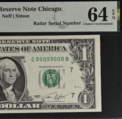 1974 $1 Federal Reserve Note PMG 64EPQ Fancy Super Radar Serial Number 00099000 - Image 1 of 3
