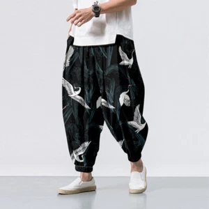 Men Tapered Harem Baggy Pants Elastic Waist Trouser Crane Print Ruffle Soft Long - Picture 1 of 7