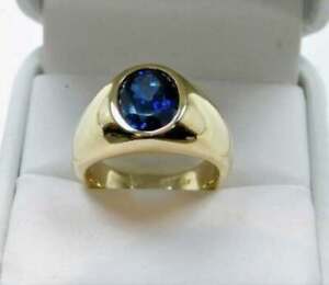 3.5Ct Oval Blue Sapphire Diamond Men's Lab Created Ring 14K Yellow Gold Finish